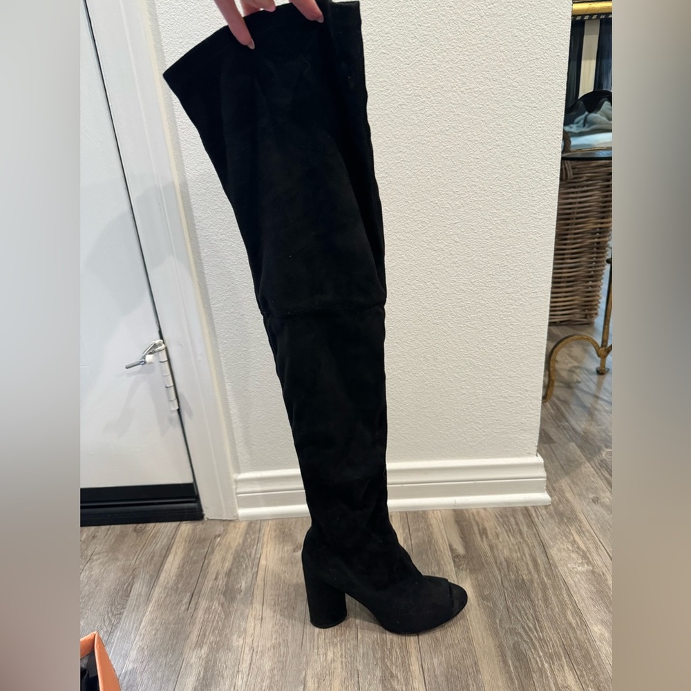 Over the knee, open toed black boots